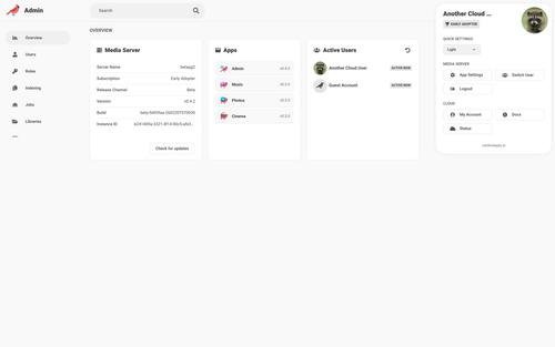 Overview page in the Admin app of Cardinal Media Server